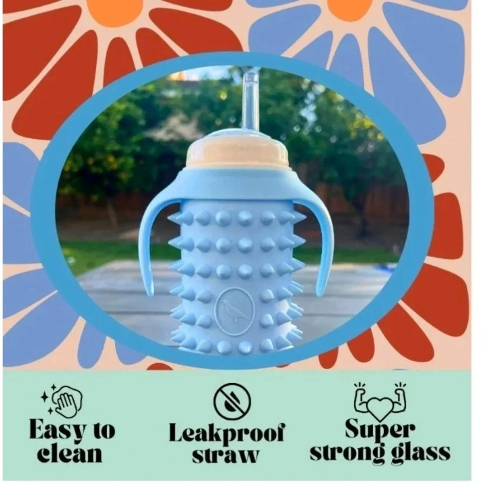 Tabor Place Spikey Bear Glass Sippy Cup for Toddlers 8oz Leakproof Silicone